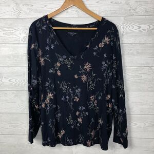 R Essentials Women's 3X Floral Print Long Sleeve V Neck Tee Shirt Casual Blue